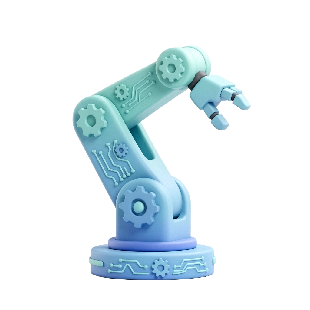 AI SNS 자동화를 표현한 토스 스타일 3D 클레이 일러스트 - 친근한 로봇 암과 기어, 디지털 회로 패턴