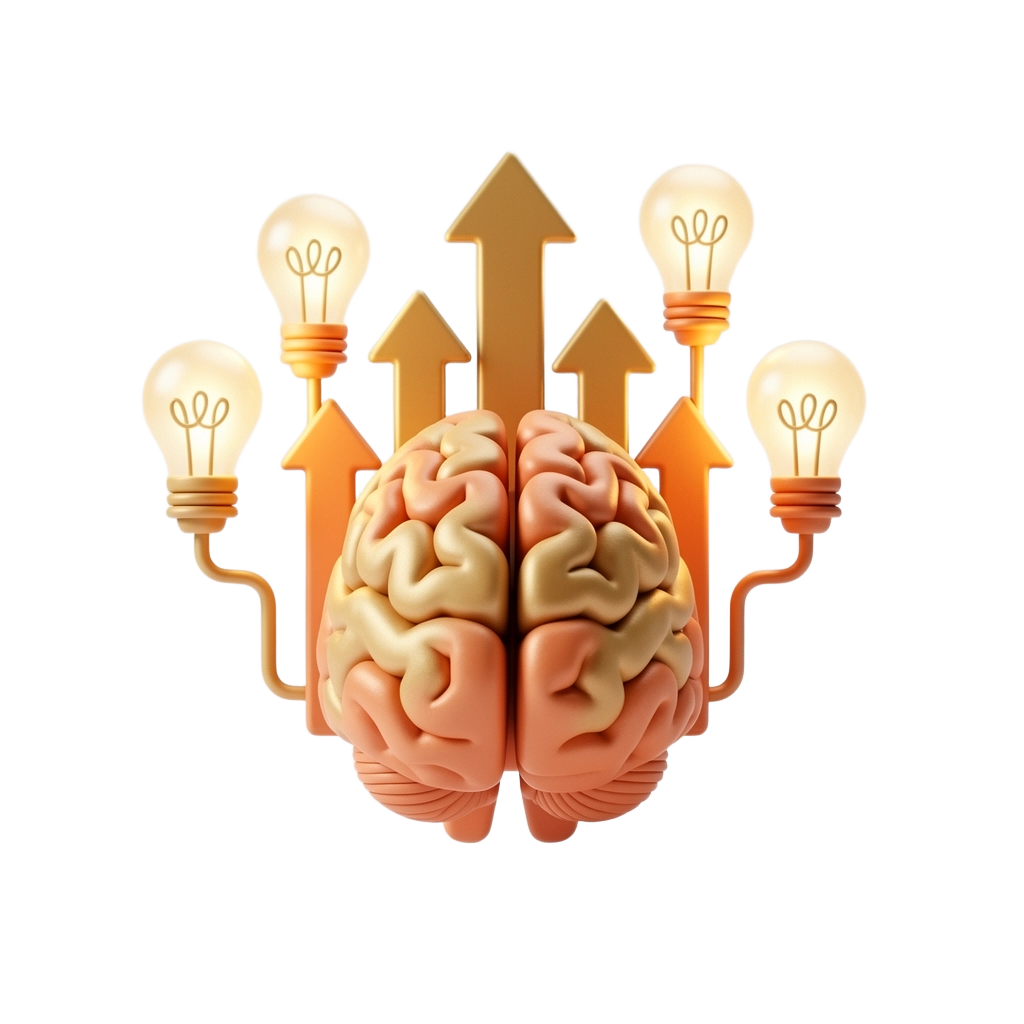 사업 중심 사고를 표현한 토스 스타일 3D 클레이 일러스트 - 두뇌와 성장 화살표, 전구 아이디어 심볼이 결합된 창업가 정신