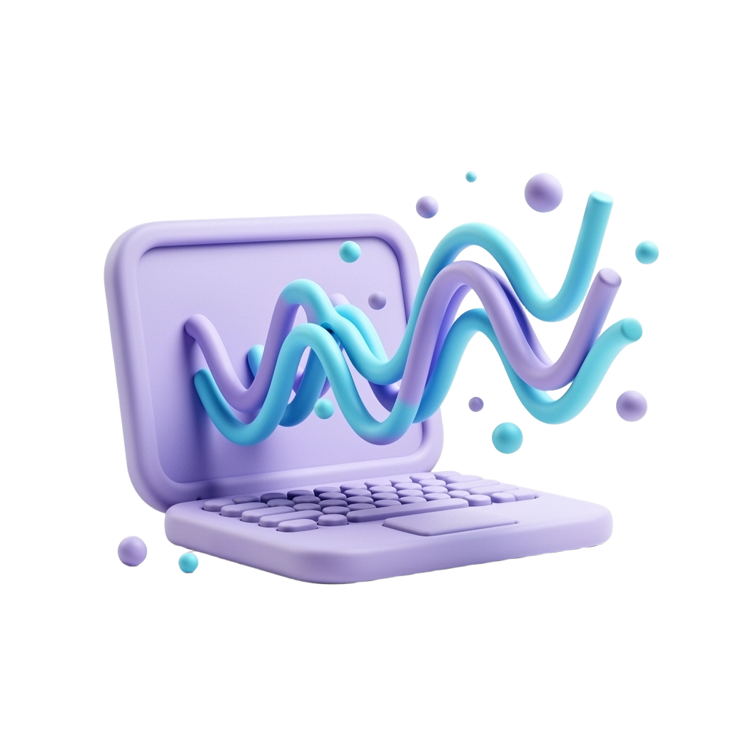 바이브 코딩 개념을 표현한 토스 스타일 3D 클레이 일러스트 - 노트북에서 음악 파동과 창의적인 에너지가 흘러나오는 모습