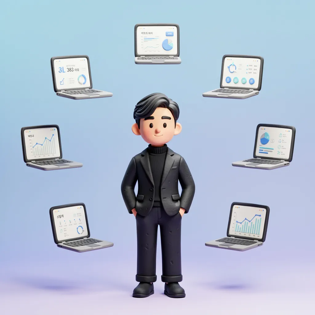 8개의 비즈니스 대시보드에 둘러싸인 Daniel 캐릭터 - i2i 생성