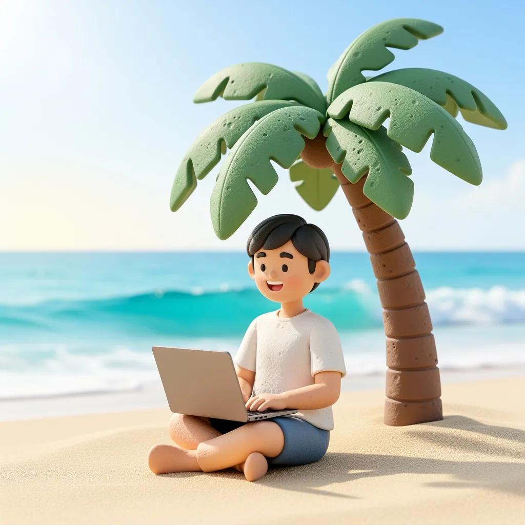 해변에서 노트북으로 일하는 디지털 노마드
