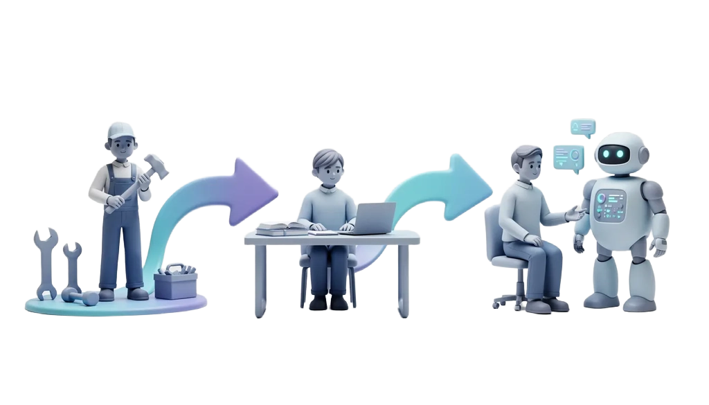 노동의 진화: 육체노동에서 지적노동, AI 협업으로 - 토스 스타일 3D 클레이 일러스트